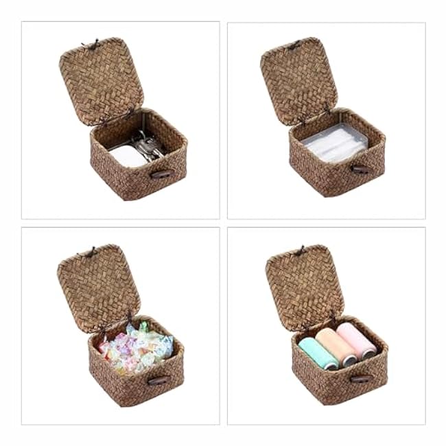 Hipiwe Small Seagrass Basket Wicker Shelf Baskets with Lid Mini Decorative Box Natural Storage Basket for Organizing Key Candy, Home Decor, 3.5L x 3.5W x 2H