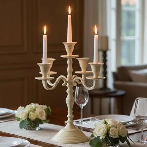 Image of 5 Arm Metal Candelabra Candle Stand | 12 Inch Tall Decorative Candlestick Holder for Dining Table, Living Room, Wedding & Home Decor (Ivory)