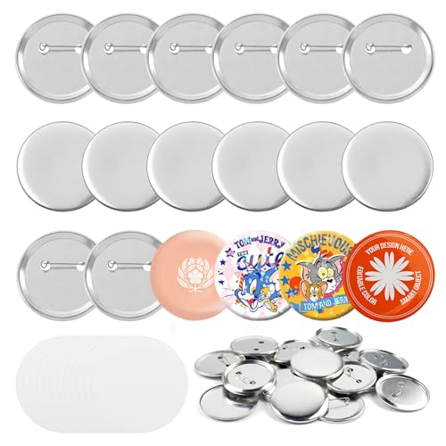 100 Stück Metall Button-Rohlinge mit Sicherheitsnadel - 58mm Komplettset für Buttonmaschine - DIY Abzeichenherstellung - Inkl. Deckel, Rückteil, Klarfolie & Dichtung