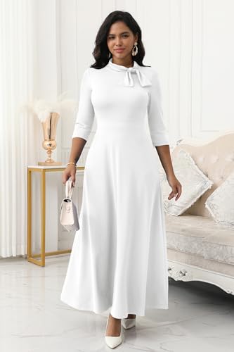 FANDEE Maxi Dress for Women Long Elegant 3/4 Sleeve Bow Tie Neck A Line Casual Party Church Dresses with Pockets2