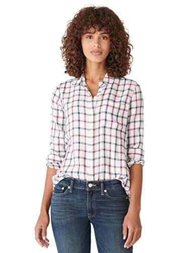Lucky Brand Women's Long Sleeve Button Up Plaid One Pocket Shirt, White Multi, L