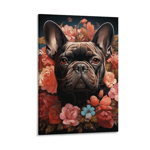 Affiche pour salon bouledogue avec decoration fleurs sur toile