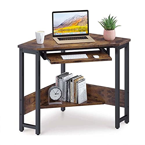 Odk Corner Desk, Triangle Computer Desk, Small Desk Sturdy Steel Frame For Workstation With Smooth Keyboard Tray & Storage Shelves, Vintage #TOP1