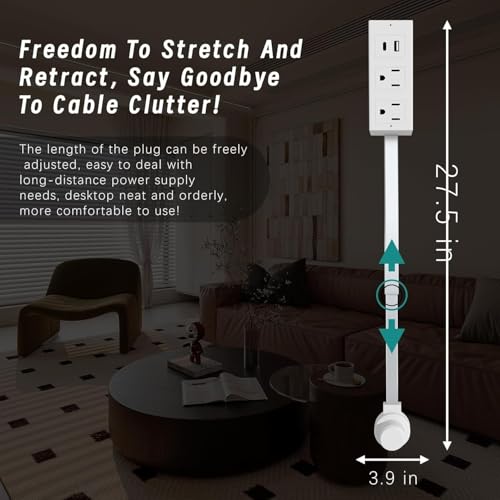 Power Socket Expander, Access Hard-to-Reach Outlets! Features USB-A, USB-C, and 2 AC Outlets, Extends 22"-34", Rotates 180°. ETL/UL Certified, Use Behind Couches