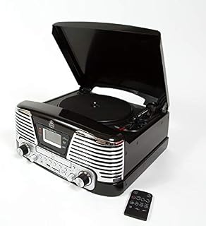 GPO Memphis 4-in-1 Music Centre with CD Player, FM Radio, Portable 3-Speed Record Player with Built-in Stereo Speakers, Vinyl Turntable Record Player, Black