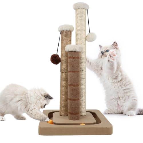 AUSCAT 猫爪研ぎポール おもちゃ付き 3つ猫爪とぎポール 天然サイザル 麻 回転ボールとポンポン付き 長持ち 安定 頑丈 縦置き型 組み立て簡単