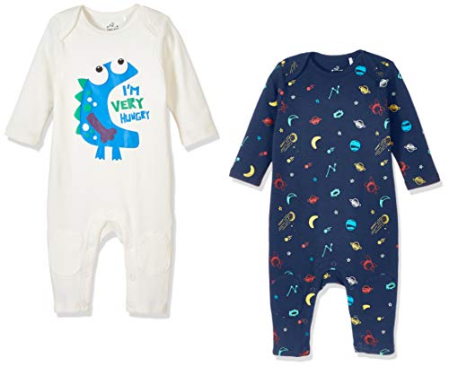 Zanie Kids Unisex Baby Long Sleeves Snap Bottoms Rompers Letters Print Cotton Jumpsuits, 2-Pack, Dinosaur & UFO, 18-24 Months