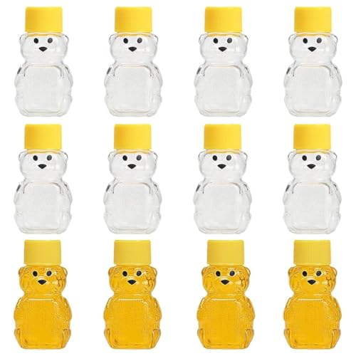 12 juegos de botellas de miel de 2 onzas, tarro de miel vacío transparente con tapa de rosca, mini tarros de miel de plástico para guardar y dispensar (amarillo)