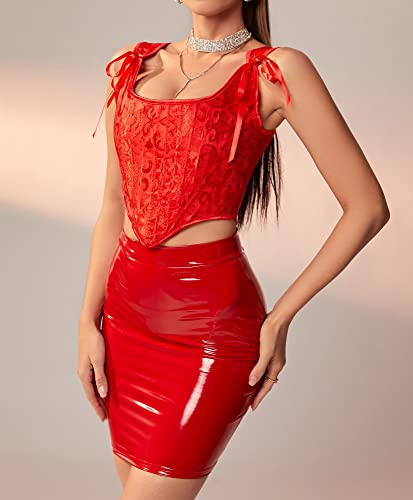 Image of Dreay Womens Vintage Asymmetrical Hem Overbust Corset Tie Front Lace-up Back Bustier Shapewear Top