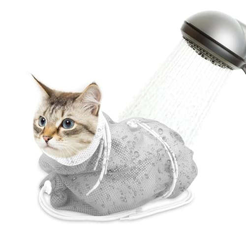 Cat Bathing Bag Breathable Mesh Cat Shower Bag Anti Scratch Adjustable Washing Grooming Bag for Nail Trimming Polyester Soft