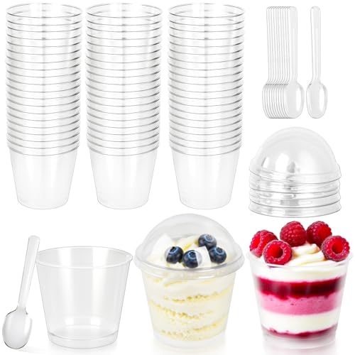 Fracurs Lot de 60 Tasses à Dessert 7oz/210ml Avec 60 Couvercles et Cuillères Plastique Transparents Verres à Dessert Réutilisable pour Mousse, Pudding, Tiramisu et...
