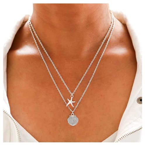 Boho Starfish Seashell Layered Necklace Gold Silver Plated Dainty Charm Double Layer Sea Shell Lucky Stars Ocean Animal Chain Necklace for Women Hawaiian Summer Beach Vacation Trendy Jewelry Gifts2