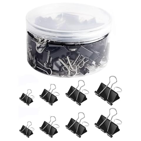 Binder Clips Assorted Sizes 60 Pack, Black, Mini, Small, Medium, X Medium, Binder Paper Clips, Fold Clamp, Office Supplies, Desk Supplies, with Plastic Box Cover