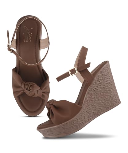 Image of JM LOOKS Elegant Ruched Knot Wedge Sandals with Woven Texture Heel and Adjustable Ankle Strap Comfort
