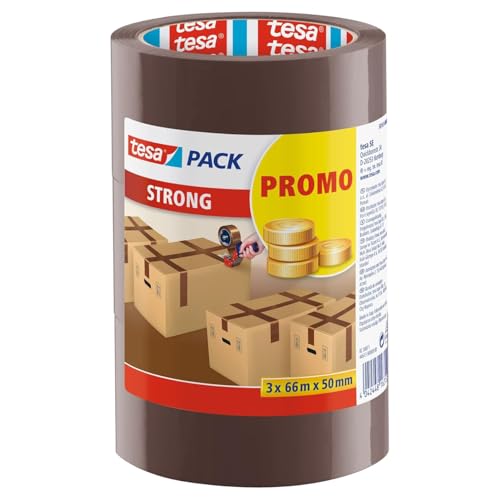 tesa tesapack Strong - Geräuscharmes Paketklebeband zum Verpacken von Paketen und Versandschachteln - braun - 3 Rollen je 66 m: 50mm