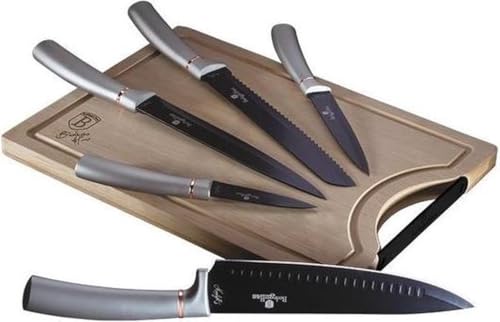 Berlinger Haus Moonlight 5er Set Profi Küchenmesser, Bambus Schneidebrett, Edelstahlklinge, Antihaftbeschichtung, Kochmesser Brotmesser Tranchiermesser Schälmesser Mehrzweckmesser, Grau, BH-2556