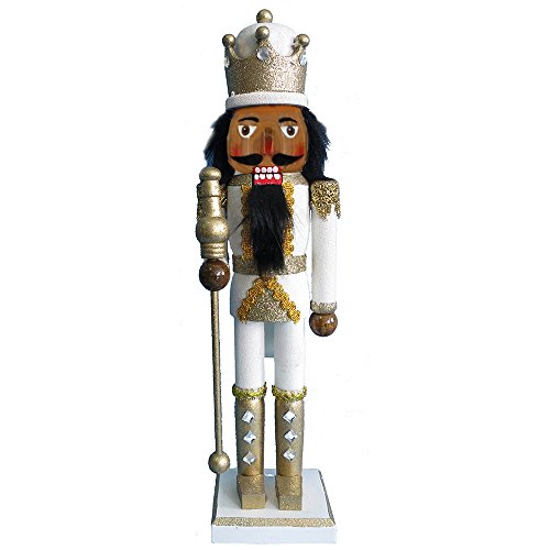Nutcracker Ballet Gifts African American Soldier King Nutcracker Figurine, Wooden Figures Decorations Ornaments, Christmas Holiday Decor, White and Gold Glitter, 15-inch