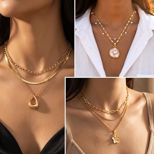 Image of Jewelry Set for Women with Multi Layer Necklaces Bracelets Hoop Earrings Set Stackable Knuckle Rings, 14k Gold Plated Jewerly Set for Everyday Styling and Gifting