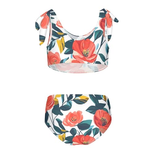 KLL Floral Pattern Red Roses Girl Two Piece Bikini Set Scoop Neck Swimsuits Swimwear Adjustable Shoulder Strap2