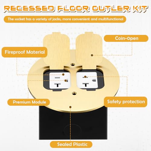Image of Round Brass Recessed Floor Outlet Box, UL Listed Low Profile Hidden Dual Flip-up Floor Outlet, 20A Tamper Resistant Duplex Receptacles for Living Room, Home Office, Conference Room