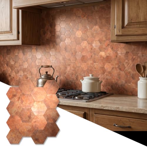 Yipscazo 10 PCS Hexagon Peel and Stick Backsplash PVC Copper Wall Tiles,Stick on Backsplash Tile for Kitchen Bathroom, Laundry Room, Camper, Fireplace (11.8" x 10.24")
