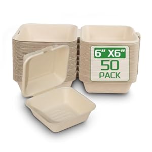 Clamshell To go Food Containers With Lids 6 x 6” (50 Pack), 100% Compostable Disposable bento Boxes, Sandwich Meal-Prep containers, Microwave-Safe, Eco Friendly, Biodegradable Bagasse Brown