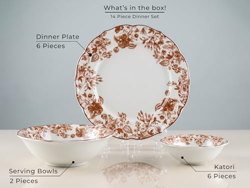 Image of Bodhi House Porcelain Dinner Set 14 Pieces - Brown Leaf White Dinnerware Set | 6 Dinner Plates, 6 Katori Bowls, 2 Serving Bowls | Premium Crockery Set for Dining, Kitchen & Gifting