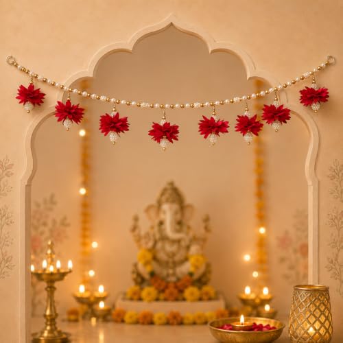 Image of Akaar Decor Floral Pearl Bead Toran with Red Flower Latkans | Decorative Door Hanging for Home Entrance, Mandir & Pooja Room | Diwali Decoration, Wedding & Festive Decor