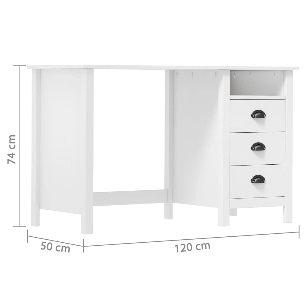 Schreibtisch Hill aus massivem Kiefernholz mit 3 Schubladen und Ablage 120x50x74 cm, platzsparend für Büro, Arbeitszimmer und Kinderzimmer, mit Bechergriffen für Ordnung