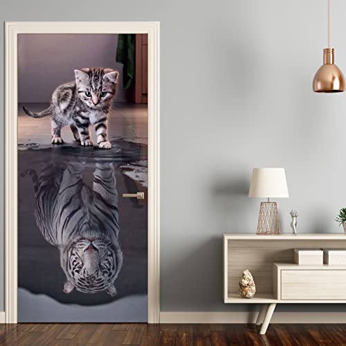 Urcolor Door Sticker Wallpaper Murals Peel And Stick Removable Vinyl Decals For Home Decor, 30.3" X 78.7" Tiger Cat #TOP1