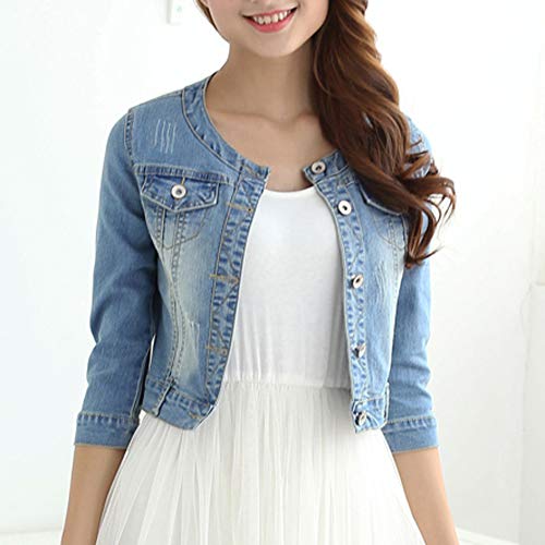 Women's Short Denim Jacket Round Neck Denim Three Quarter Sleeves Light Blue Jacket (Light Blue, L) #TOP2