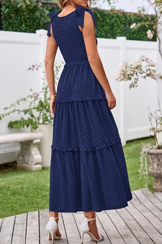 Okiwam Womens Summer Dresses 2025 Sleeveless Tie Strap Maxi Long Flowy Beach Sundresses Boho Swiss Dot Fall Wedding Dresses