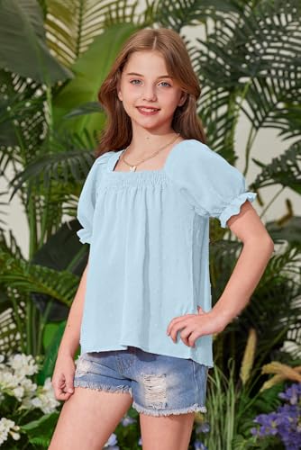 Image of BesserBay Girls Summer Puff Short Sleeve Square Neck Tee Shirts Ruffle Smocked Blouses Cute Swiss Dot Tops 5-14 Years