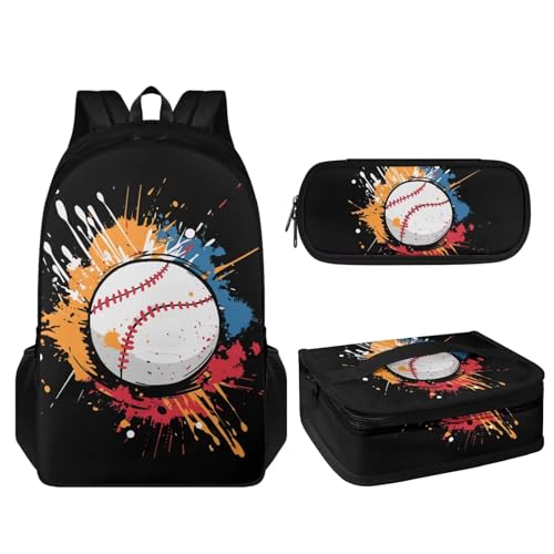FOR U DESIGNS School Backpack for Kids with Lunch Box & Pencil Case, Boys Baseball Backpacks, 3 in 1 Kindergarten Bookbag for Toddler