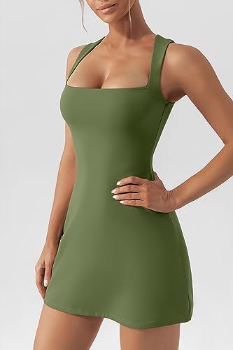 QINSEN Square Neck Mini Dress for Womens Tank Top Casual Party Club Dress Olive L - Thumbnail 4