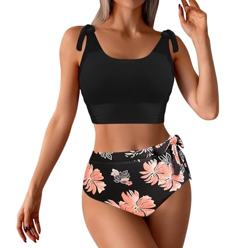 Damen Tankini Oberteile Badeanzug Große Oberweite Damen Badeanzug, Doppel Krawatte An Den Schultern, Hohe Taille, Bikini Set Badeshorts für mit Cups (Orange, XXL)
