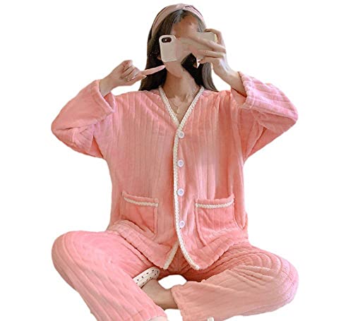 Pyjama femme doux ensemble de nuit ample à boutons et col en V chaud