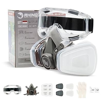 RHINO Smart Solutions Respirador Mascarilla Pintura, Polvo y Gases Orgánicos A1 | Mascara de Proteccion RH-M101 Reutilizable Antipolvo con Gafas de Proteccion, Guantes y Filtro de Carbon Activo