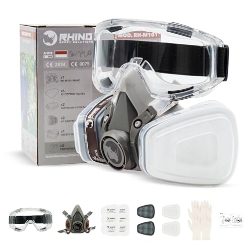 Gesichtsschutz (Halbseitig) RHINO Smart Solutions Anti-Staub Wiederverwendbar mit Brille, Handschuhe, 6 Partikelschutzfilter für Industriemalerei, Gas, Schutz, Basteln, Lackierung, Dampf.