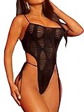 GORGLITTER Women's Sheer Mesh High Cut Teddy Bodysuit Tie Side Sleeveless Lingerie Bodysuit Black Large
