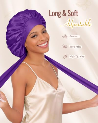 Image of BONNET QUEEN Double Layer Silk Bonnet for Sleeping for Women Satin Lined Bonnet Night Cap for Curly Hair with Tie Band,Purple