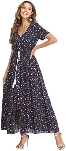 VintageClothing Women's Floral Maxi Dresses Boho Button Up Split Summer Casual Long Dress Beach Party Dress