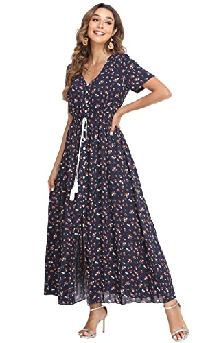 Image of VintageClothing Women's Floral Maxi Dresses Boho Button Up Split Summer Casual Long Dress Beach Party Dress