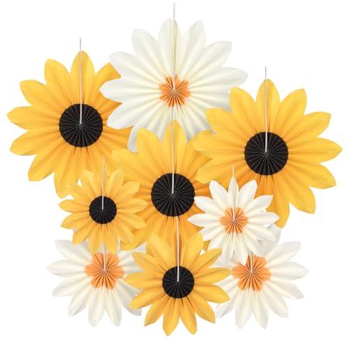 AUAUY 9Pzs Papel para Fans, Decoraciones Flores Reutilizable, Girasoles