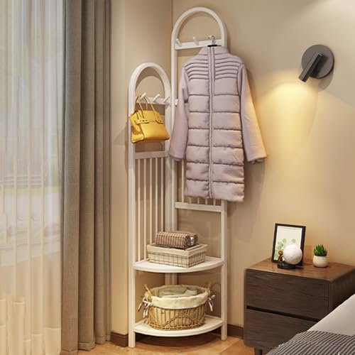 Perchero de bambú con 6 ganchos y 2 estantes para entrada y mesita de noche, elegante colgador para el hogar, acabado blanco, 40 cm, diseño que ahorra espacio