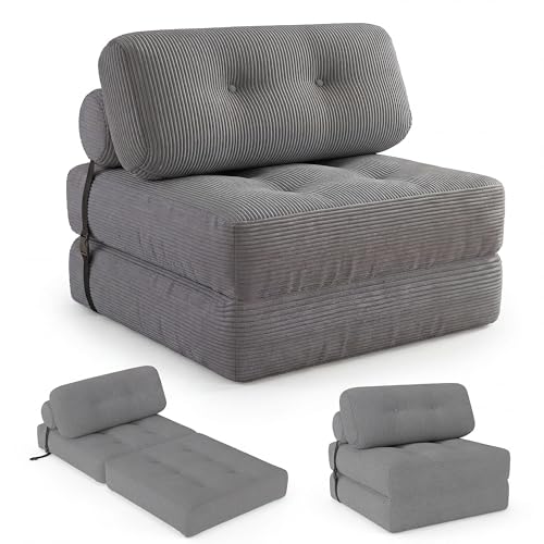 Image of COSTWAY Folding Sofa Bed with Pillow, Convertible Couch (Grey) | with Backrest & Fixing Straps, Boneless Convertible Sleeper Chair for Adults, Guest Use, Living Room