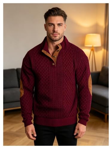 Jersey henley de hombre con punto trenzado y coderas para invierno 3