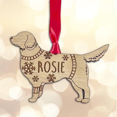 Personalised Golden Retriever Dog Christmas Tree Bauble Decoration, Wearing a Dog Jumper Design with Snowflakes, Customised Puppy Hanging Ornament, Oak Veneer Wood with Red Ribbon