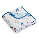 LollyBanks Muslin Baby Blanket, 100% Cotton 6 Layers Cozy Newborn Blanket for Boys, Large 47 x 47 Inches Baby Receiving Blankets, Durable Toddler Blanket, Baby Essentials, Registry (Ice Hockey Print)