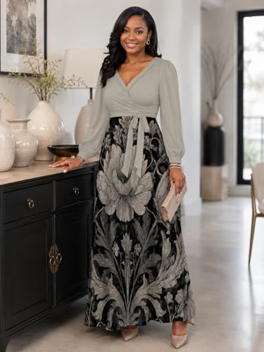 Image of PinkPatty Plus Size Dresses for Curvy Women V Neck Flowy Long Sleeves Wrap Maxi Dress Travel Vacation Outfits